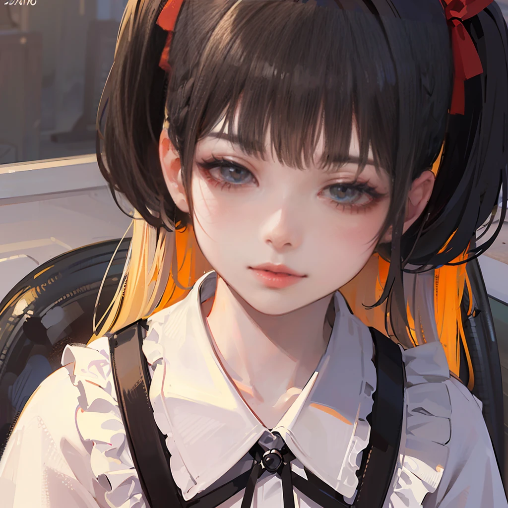 (8k, RAW Photos, Very delicate and beautiful, Ultra-high resolution, Highest quality, masterpiece: 1.2), (Real、Photorealistic: 1.4), (Highly detailed 8K wallpapers), Cute girl like a doll, highly detailed dress, Gothic, Lolita, Big red ribbon, Twin tails, Blunt bangs, Highly detailed glossy black hair, Transparent white skin, Pink Cheeks, large, round eyes, Tear bags, Long eyelashes, Thin lips, slightly raised corners of the mouth, round face, From above, Looking at the camera, The best light, Perfect composition,