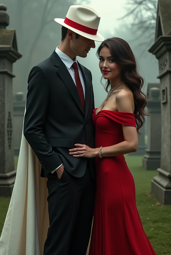 Imagine a cemetery scene : a tall, thin man is wearing a suit and a white cape, with a white hat covered by a red band that hides his face. Next to you, uma mulher sensual, com cabelos longos e ondulados, wears a long red off-the-shoulder dress, typical of a bygone era. She is smiling charmingly, contrasting with the man&#39;s more reserved posture. The contrast between the man&#39;s formal attire and the woman&#39;s exuberant dress creates a sophisticated and striking image..