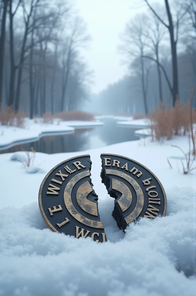 A winter coin broken in half. Located in a winter landscape. With a text "WINTER HALWING". 