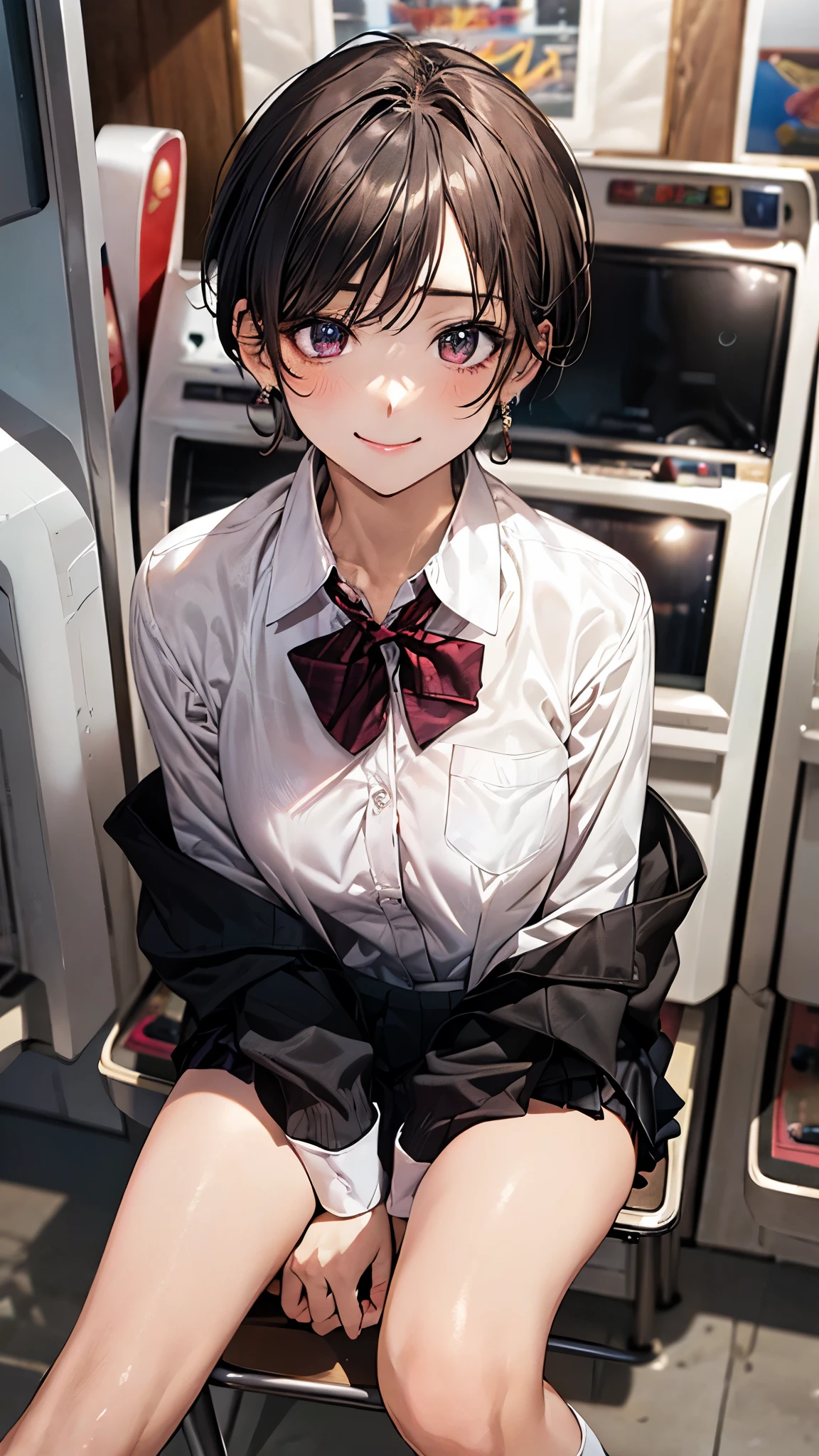 (masterpiece:1.2, highest quality), (realistic photo:1.4), beautiful illustrations, (natural side lighting, movie lighting),
beautiful hair, beautiful face, detailed and beautiful eyes, beautiful clavicle, beautiful body, beautiful breasts, beautiful thighs, beautiful feet, beautiful fingers, slender,
looking at the viewer, 1 girl, high school girl, (perfect anatomy, anatomically correct, super detailed skin), cute symmetrical face, , perfect face, perfect eyes, shiny skin,
(short hair, pixie cut hairstyle, blonde hair), swept bangs, gold eye (medium breasts, seductive thighs), earrings, break
(white collared shirt, long sleeve pink knit cardigan, black pleated mini skirt, break dark red bow tie), break navy school bag, break white socks,
(beautiful scenery), evening, (sitting chair, game_center, scenery, arcade cabinet, chair, poster (object), indoors, ), (pigeon toed), (lovely smile, upper eye),