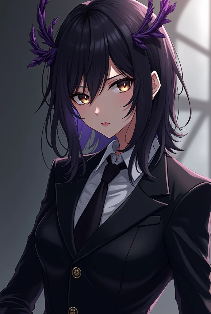A nice looking anime character that looks bad and dangerous with medium long black hair and light brown eyes with a mashle style suit in the color of the character's black suit with purple Lance Crown hair style and who is honored