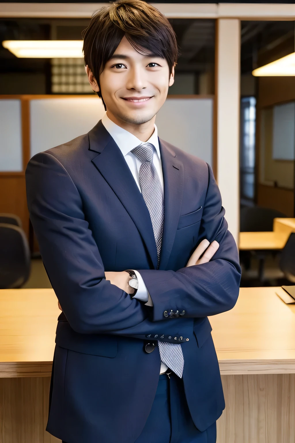 Japanese men in their early 30s, suit、Upper Body,fine grain,A small smile,In the office,short hair, View your audience、Body facing forward
