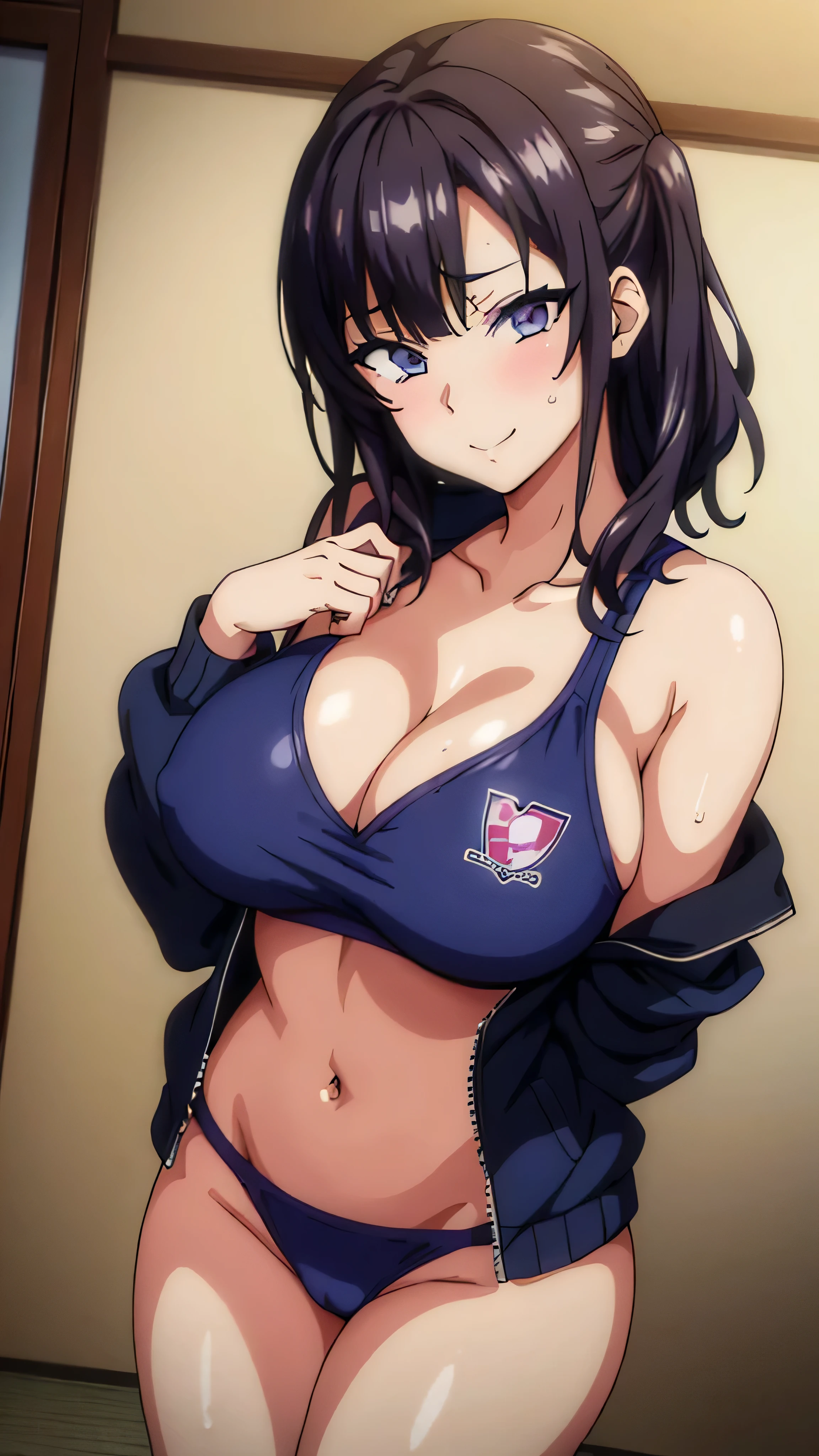 (((masterpiece))),fuyumi itadori, Anime girl characters, 1girl, solo, looking at viewer, medium hair long sleeves, cleavage, bigger breasts, closed mouth, collarbone, jacket, open clothes, open jacket, blue jacket, ground vehicle, sports bra, tall girl, horny, big ass, beautiful face,Charming,  anime visual of a cute girl, screenshot from the anime film, & her expression is solemn, ahegao face, in the anime film, in an anime, anime visual of a young woman, she has a cute expressive face, still from anime, perfect breasts, she is tall, All bodies visible, ahegao face, the face is ahegao, she is horny, A perverted face, she so perverted, she smile so perverted, hd picture, 4k quality, details of the face is so good,bigger breasts, 