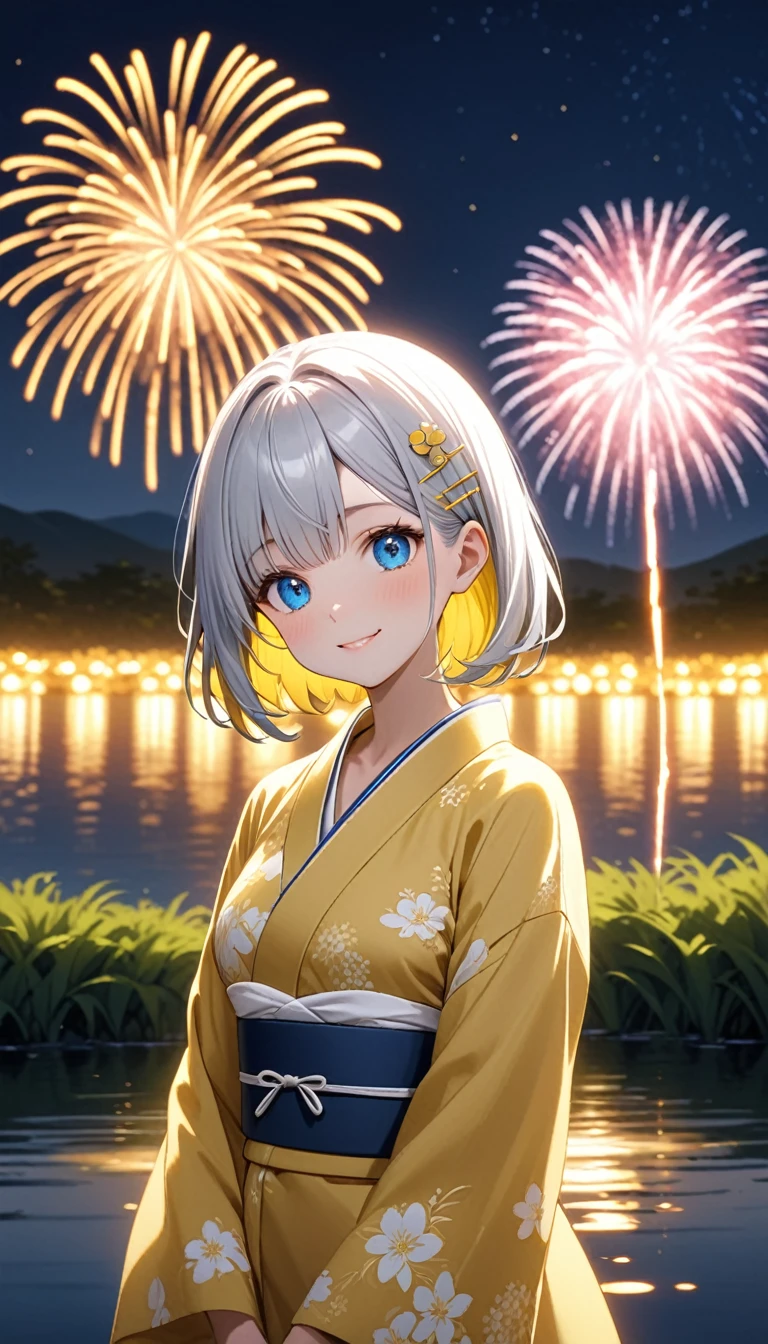 standing in front of a lake with fireworks, Silver bob hair with golden inner color and blue eyes、A cute character wearing a plain yellow yukata with a white obi。There is a yellow hairpin in her hair.、smile。Light up your face in a dimly lit atmosphere。Emotional atmosphere。