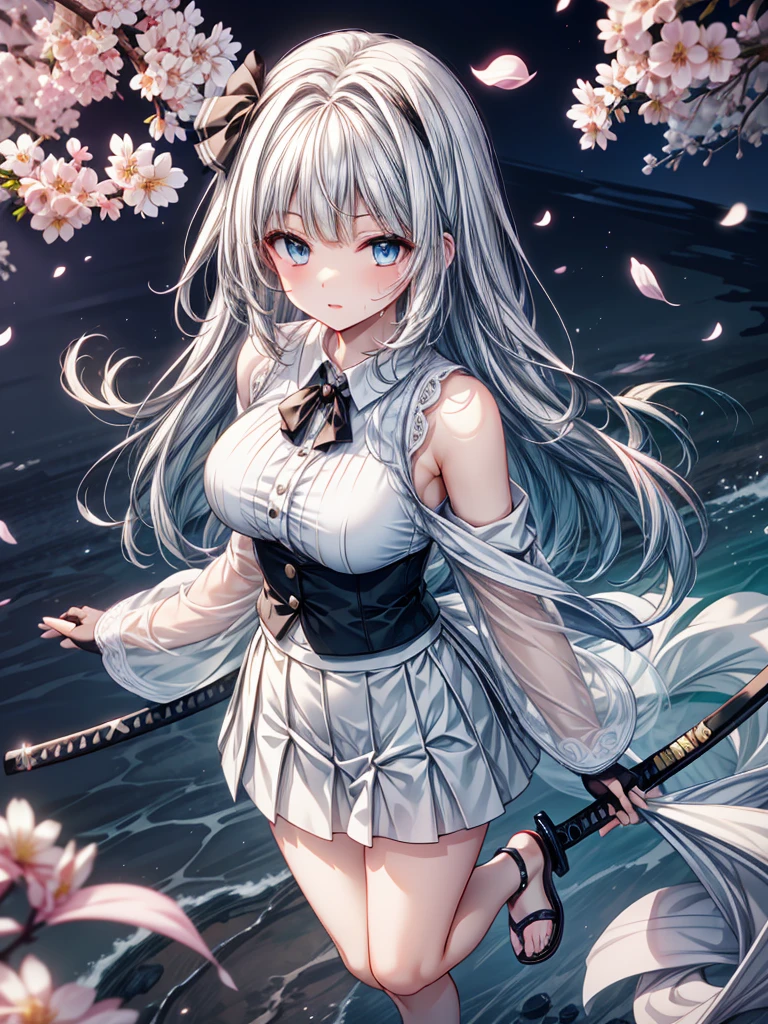 konpaku youmu, konpaku youmu, Oriental Project, Oriental Project, Oriental Project, whole body, Top View, Focus on the eyes, With sword, Sweat drops, girl,  girl, Messy white long hair, Messy Hair, Air Van, Grey Hair, Hair blowing in the wind, Ridiculously long hair, Beautiful Face, ^ ^, Green Eyes, Lips parted, Delicate arms and hands, Large Breasts, Perfect and delicate limbs, Pale blue eyes, Light Skin, Fingerless gloves, Details of super clothes, Sleeveless shirt, White Skirt, Sandals, Skirt fluttering in the wind, The body was cut off, Cool clothes, Falling petals, cherry blossoms, Intricate details, wallpaper 8k CG, Highest quality,