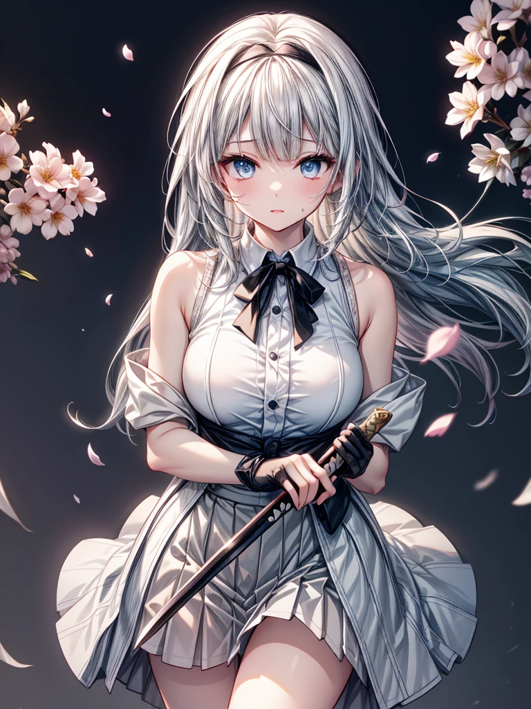 konpaku youmu, konpaku youmu, Oriental Project, Oriental Project, Oriental Project, whole body, Top View, Focus on the eyes, With sword, Sweat drops, girl,  girl, Messy white long hair, Messy Hair, Air Van, Grey Hair, Hair blowing in the wind, Ridiculously long hair, Beautiful Face, ^ ^, Green Eyes, Lips parted, Delicate arms and hands, Large Breasts, Perfect and delicate limbs, Pale blue eyes, Light Skin, Fingerless gloves, Details of super clothes, Sleeveless shirt, White Skirt, Sandals, Skirt fluttering in the wind, The body was cut off, Cool clothes, Falling petals, cherry blossoms, Intricate details, wallpaper 8k CG, Highest quality,