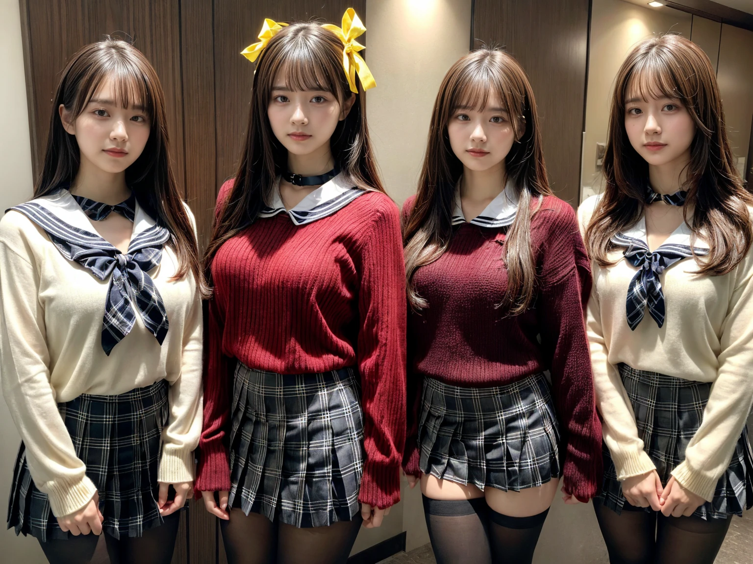 masterpiece, best quality, illustration, Super detailed, fine details, High resolution, 8K,wall paper, perfect dynamic composition,(Details High quality, realistic depiction of eyes:1.3), (3 girls), BREAK (red theme:1.4), (school uniform:1.2), (fusion of red sweater and red shirt with sailor-collar:1.4), (tucked out uniform tops:1.4), (long sleeve:1.2), BREAK (yellow theme:1.3), (sailor-collar with yellow ribbon:1.3), BREAK (black and white plaid-pattern pleated-skirt:1.3), (pantyhose:1.2), sitting, open legs, short bob hair, in a hotel room in the background, deep on field, large breasts, black hair color, Big Natural Color Lip, (perfect body shape), crying a little、Harajuku style、20 year old girl、cute type、beautiful legs, Gravure Idol