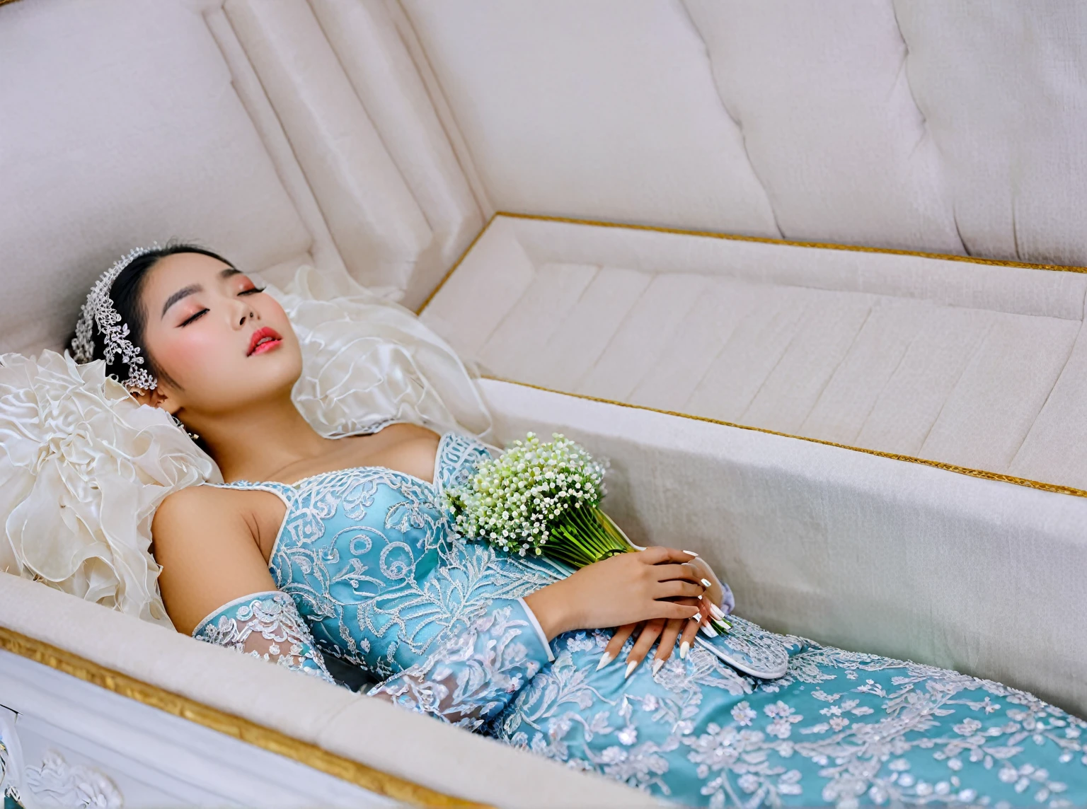 In a striking 8K HDR scene, a stunning Korean woman, 22 years old, lies peacefully in a long coffin and coffin lid beside the dead body. surrounded by plush pillows behind head. The deep box is set against a rich white background, accentuating the beauty of the subject. Her exquisite deep-V neckline kebaya attire is embroidered with superb detail, showcasing her round and firm breasts, perfect cleavage, and beautiful eyebrows. Her closed eyes and mouth give an air of serenity, while her visible and absolute cleavage leave nothing to imagination. The scene is bathed in saturated colors, highlighting every intricate aspect from the ball skirt to her clean face, straight body, detailed hand perfect hands, straight body, own hands together, own hand on stomach, detailed hands, perfect hands, holding the flowers, interlocked fingers