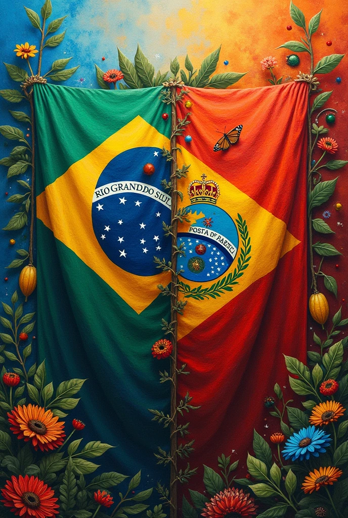 A painting blending the flags of the state of Pará and the state of Rio Grande do Sul, with both cultures as the main element.