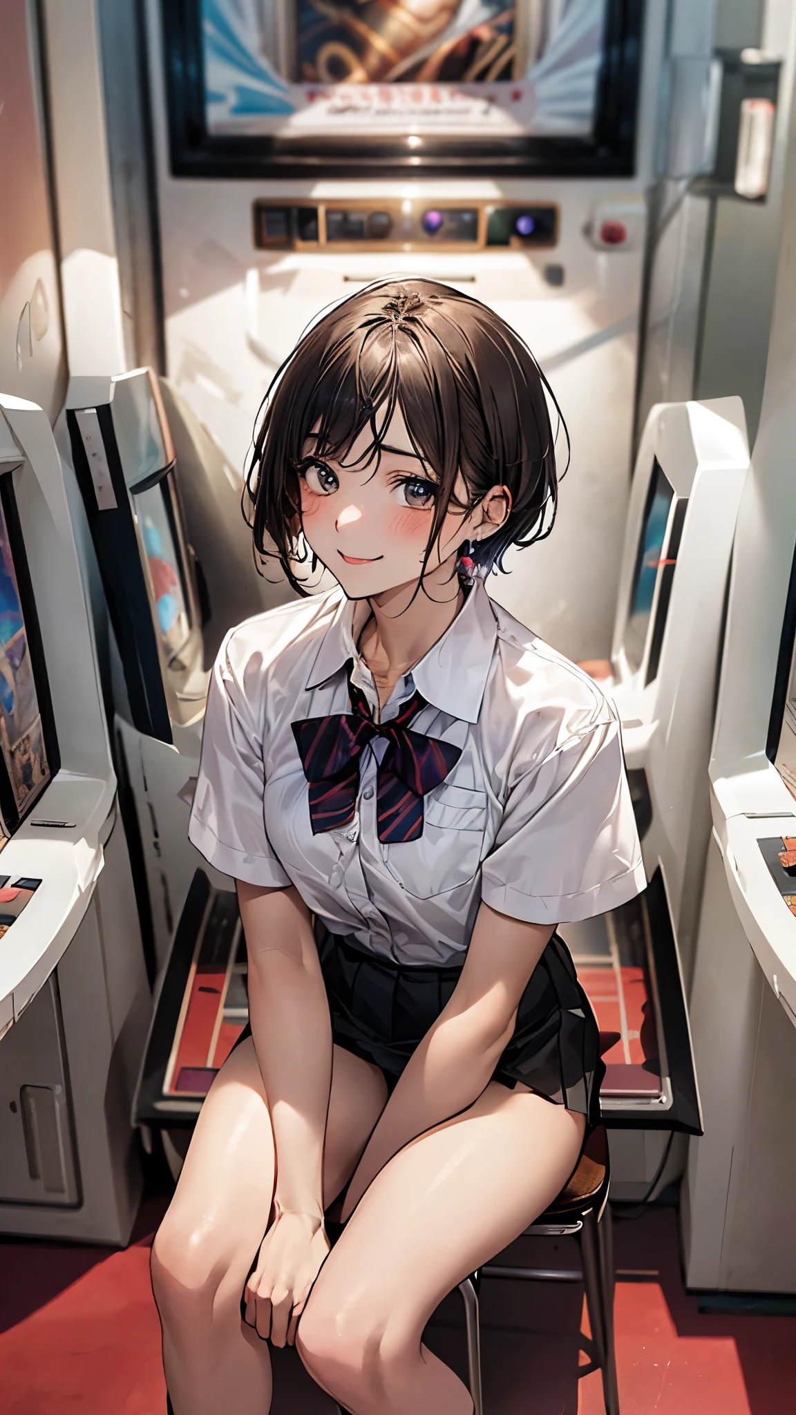 (masterpiece:1.2, highest quality), (realistic photo:1.4), beautiful illustrations, (natural side lighting, movie lighting),
beautiful hair, beautiful face, detailed and beautiful eyes, beautiful clavicle, beautiful body, beautiful breasts, beautiful thighs, beautiful feet, beautiful fingers, slender,
looking at the viewer, 1 girl, high school girl, (perfect anatomy, anatomically correct, super detailed skin), cute symmetrical face, baby face, perfect face, perfect eyes, shiny skin,
(short hair, pixie cut hairstyle, blonde hair), swept bangs, gold eye (medium breasts, seductive thighs), earrings, break
(short sleeve white collared shirt, black pleated mini skirt, break dark red bow tie), break navy school bag, break white socks,
(beautiful scenery), evening, (sitting chair, game_center, scenery, arcade cabinet, chair, poster (object), indoors, ), (pigeon toed), (lovely smile, upper eye),