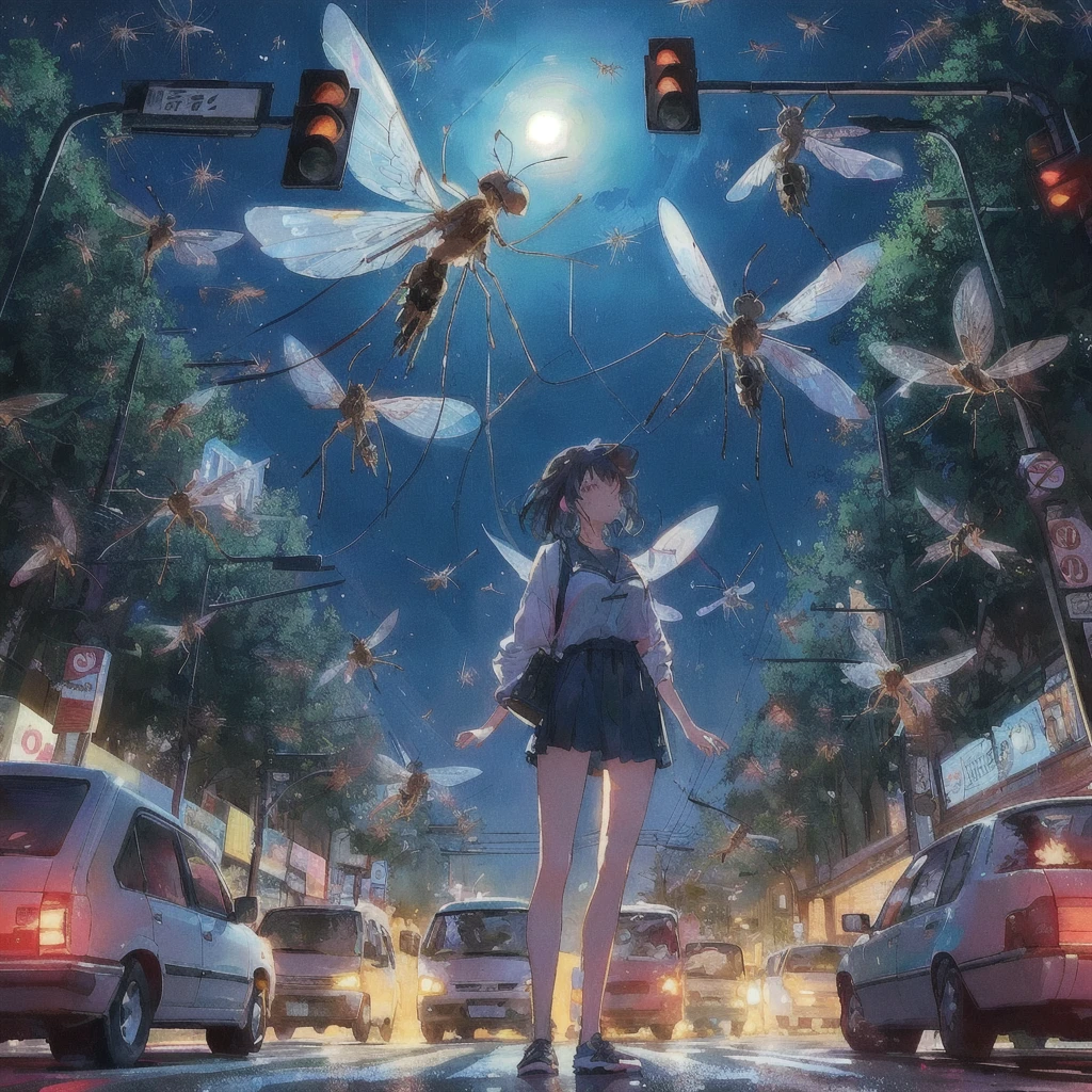 There is a woman standing in the middle of the street with a traffic light.。, A giant mosquito is flying,buzzing fluorescent lights, Album art, !! Stop turning on the light, Chill Hop, Beep daily art, 3840x2160, 3840×2160, Colorful illustration, 80s anime style,realism | Beep, Beep!!