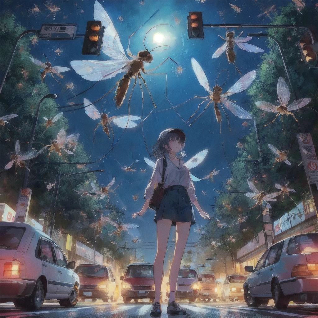 There is a woman standing in the middle of the street with a traffic light.。, A giant mosquito is flying,buzzing fluorescent lights, Album art, !! Stop turning on the light, Chill Hop, Beep daily art, 3840x2160, 3840×2160, Colorful illustration, 80s anime style,realism | Beep, Beep!!