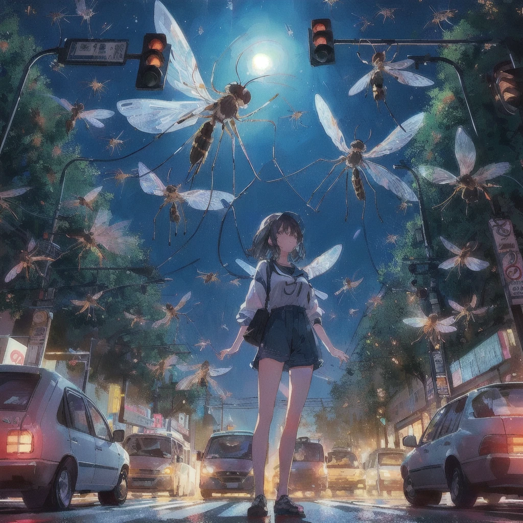 There is a woman standing in the middle of the street with a traffic light.。, A giant mosquito is flying,buzzing fluorescent lights, Album art, !! Stop turning on the light, Chill Hop, Beep daily art, 3840x2160, 3840×2160, Colorful illustration, 80s anime style,realism | Beep, Beep!!