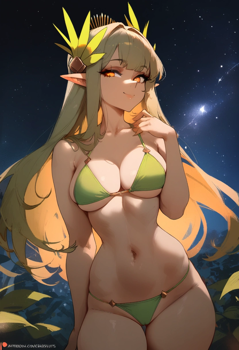 1girl, muelsyse \(arknights\), arknights \\\\\ masterpiece, best quality, very aesthetic, absurdres, newest ///// nyantcha, cutesexyrobutts, khyle ////// orange eyes, elf ears ///// simple background, space background, lime bikini, greenery, 18 years old girl, thin waist,solo, stars, ^_^, pussy, detailed face, bare neck. profile, night sky, star sky