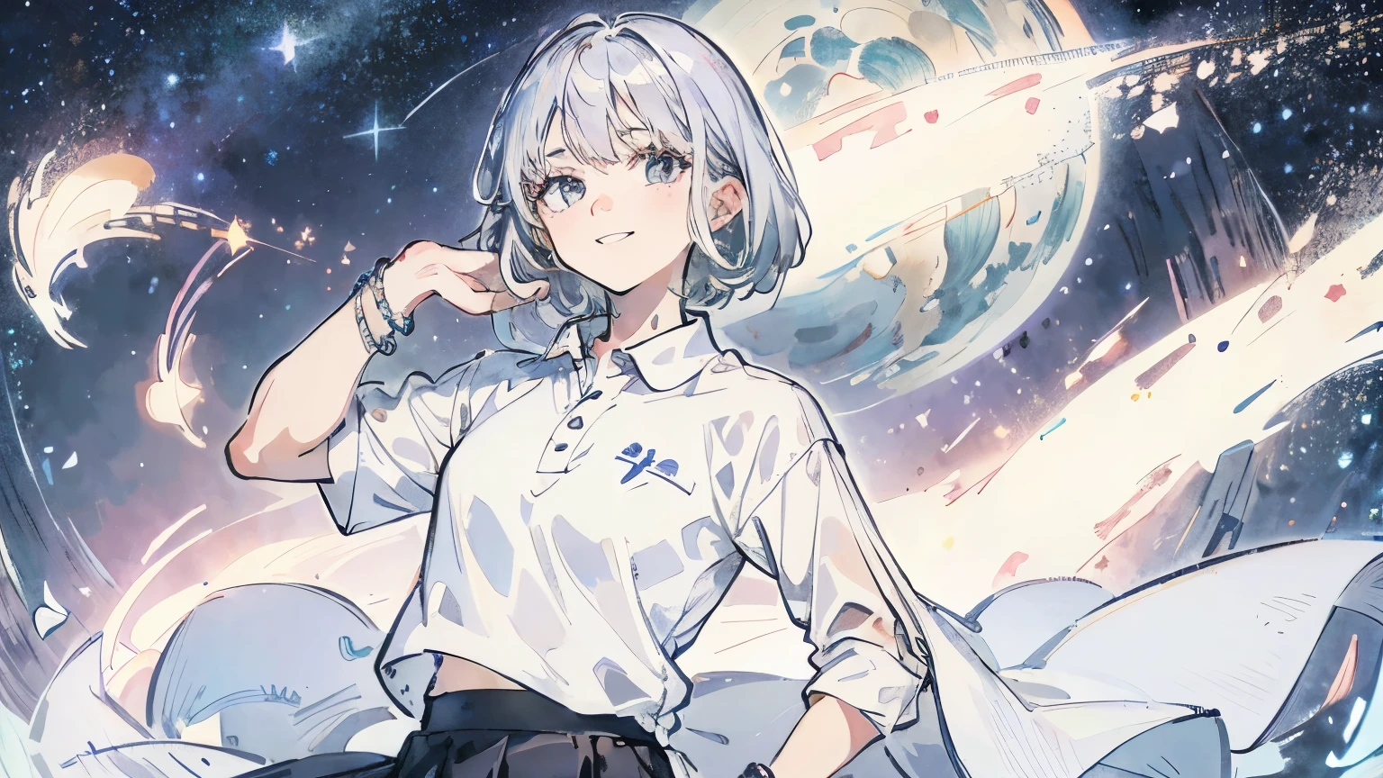 Under the starry sky, a woman (platinum silver hair, medium hair, bracelet, white polo shirt, skirt) is smiling in front of a man with short black hair, happy expression, masterpiece, highest quality, highest image quality ,