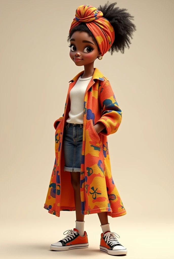 A highly detailed 3D African American woman. Wearing a beautiful long sleeves multi colored dress with sneakers. She has an African turban on the head. Full body image. Pixar, Disney like. Plain background. A social media influencer