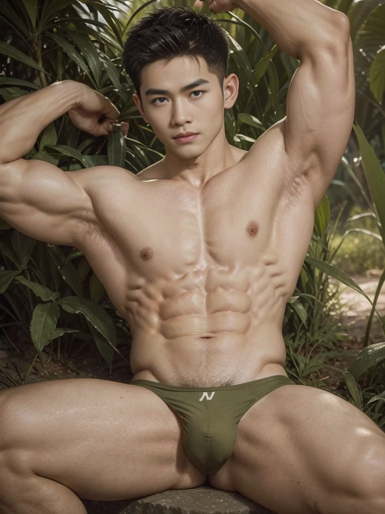 arafed handsome vietnamese male soldier, young boy, serious, confident, pale white skin, shaved armpit, lifted arms, soft smile, detailed skin, pores, wearing nothing but sexy olive green thong, muscular!!!, bodybuilder physique, outdoors, military training grounds, dim lightings