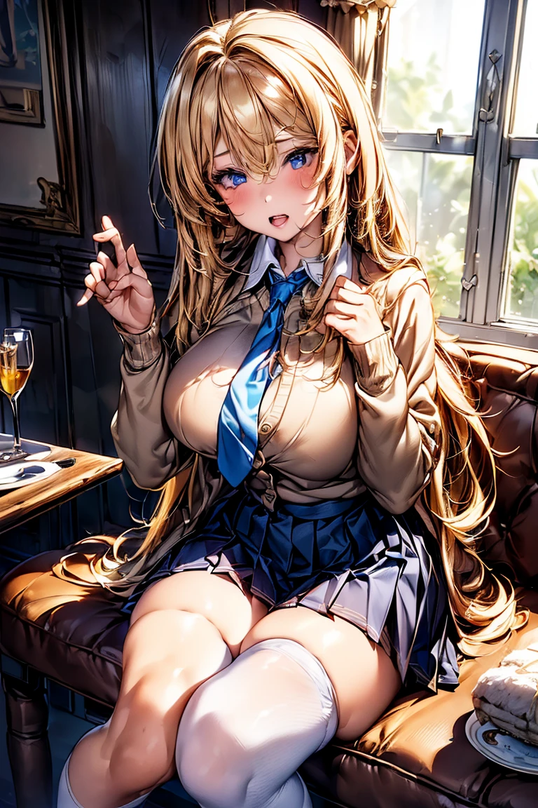 Browsing Caution,(((restaurant))),((Sit on a chair,Eating with a spoon,Plate on the table,Food served on a plate)),(Highest quality, 8k, masterpiece:1.3,beautiful girl),(((Woman 1))) (Very detailed)Glowing Skin,(((Long Hair,blonde,Beautiful Hair))),(Perfect Anatomy, Anatomically correct, Very detailed肌),((Golden Eyes)),((Perfect Fingers,Five Fingers)),((Light blue collared shirt, Navy pleated mini skirt, socks, Navy tie, Light brown cardigan, White knee socks)),Pink Panties, Knee-high socks,Knee-high socks on both feet,Double teeth,(((Heart symbol on eye))),Big Breasts,Big Ass,noon,Light pours in through the window