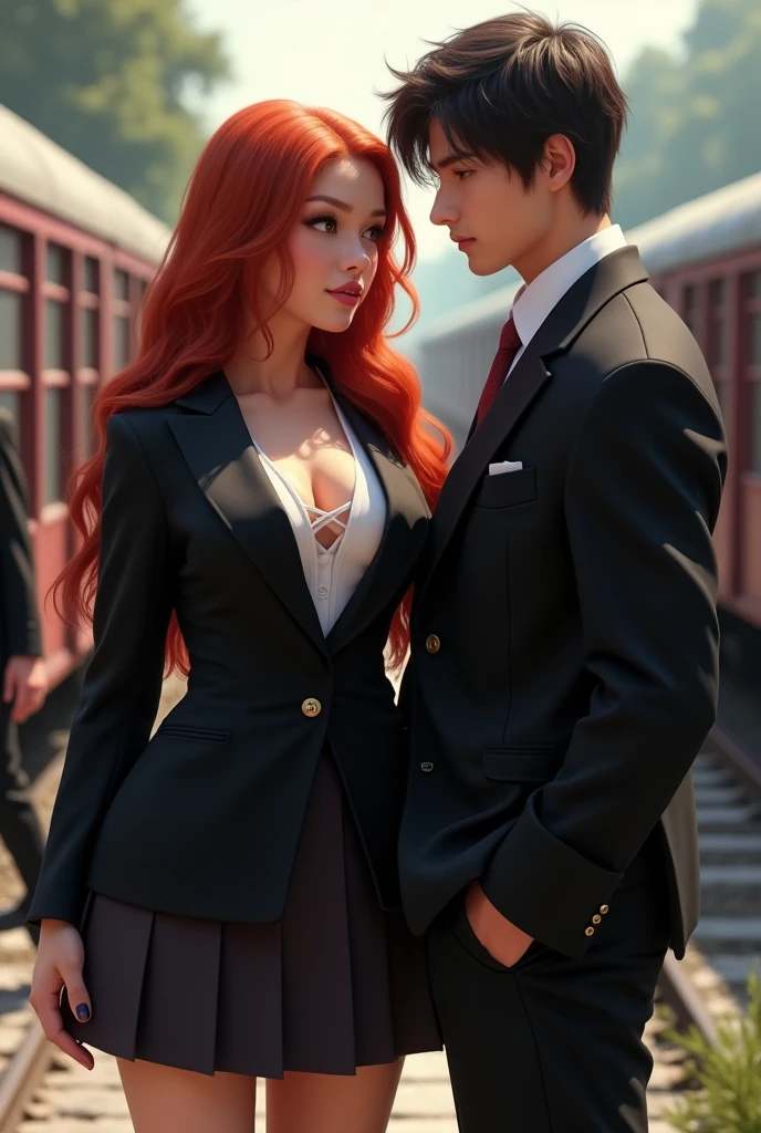 Image of a girl next door with long red hair (ultra realistic 1.4k) low, model girl with juicy figure and big breasts, Black uniform with tie, Blazer y falda collegial. A men next to the girl in a black uniform, black pantaloon. looking at the girl out of the corner of her eye.In the background a train with suitcases and an attractive 35-year-old men on the side, very tall with black school uniform (movie image) 3K realistic image