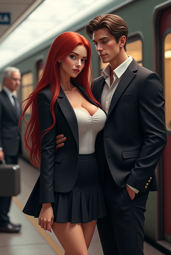 Image of a  girl next door with long red hair (ultra realistic 1.4k) low, model girl with juicy figure and big breasts, Black uniform with tie, Blazer y falda collegial. A men next to the girl in a black uniform, black pantaloon. looking at the girl out of the corner of her eye.In the background a train with suitcases and an attractive 35-year-old men on the side, very tall with black school uniform (movie image) 3K realistic image 