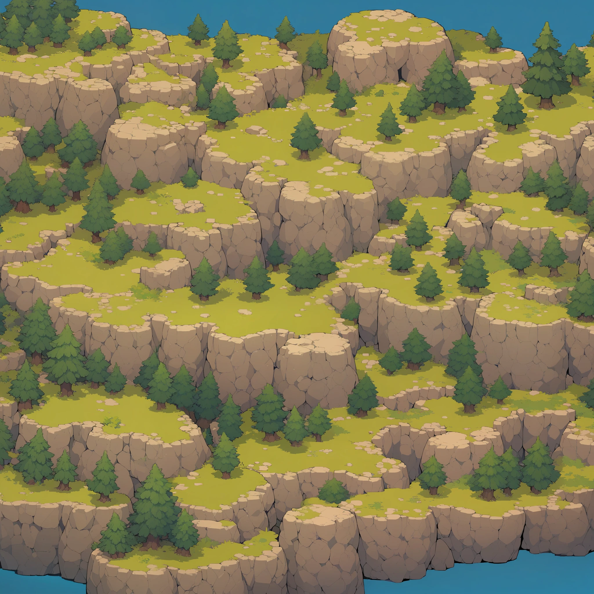Retro video game style, pixelated, vibrant colors, 8-bit characters, blocky shapes, sharp lines, detailed shading, classic gaming vibe, nostalgic atmosphere, classic arcade games. Masterpiece:1.2, ultra-detailed, illustration style. 2D texture, stone texture, 4K seamless mud texture, video game texture, dirt texture. Game tiles, grass, 3/4th perspective trees, 3/4th perspective tileable rock texture, 3/4th perspective tileable cliff formations, tileable trees, top-down view, tileable texture. Very detailed cliff texture, intricate stones.
Mountain Terrain: Diverse mountain shapes and elevations, including peaks, ridges, and valleys.
Texture Detail: High resolution with intricate details like rocky surfaces, crags, and natural erosion patterns.
Seamless Pattern: Ensure that the edges of the tile seamlessly align with adjacent tiles to create a continuous and coherent mountain range when repeated