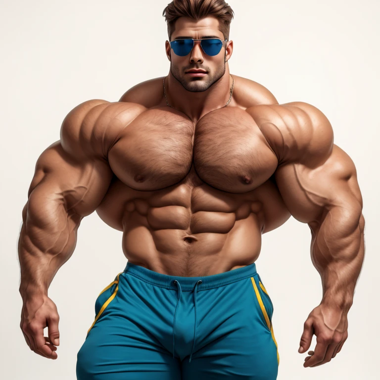 brutalmass, Bulge, a very handsome young man, sunglasses, shirtless, exaggeratedly muscular, on a white background