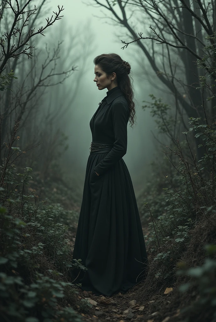 Generate the image of a woman despised, sad, but well dressed in a lonely bushy place