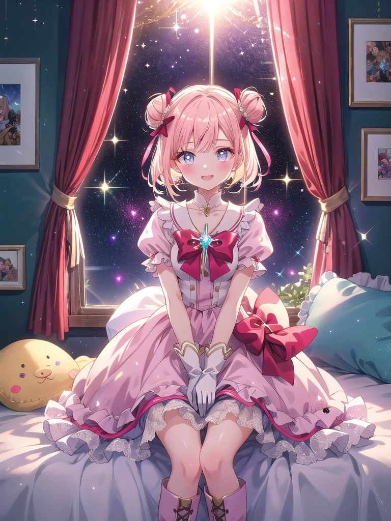 ((8k, Highest quality, masterpiece: 1.3)),Ultra-high resolution,(1 girl, alone), (Color changing eyes, Ultra-detailed, Expressive brilliance, Glitter, Glowing Eyes), Highly detailed eyes, Highly detailed face, Random Hair, ((pastel colour)),A joyful young woman with pastel peach-colored hair styled into twin buns, sitting on her bed surrounded by soft pillows and stuffed animals. The room is warmly lit by the morning sun streaming through sheer curtains, creating a cozy and inviting atmosphere. She is dressed in a magical girl cosplay, wearing a frilly pastel pink dress with a large bow on the back, matching gloves, and knee-high boots. The camera captures her from the front as she playfully poses with a star-tipped wand, her eyes sparkling with excitement. Around her, there are various anime figures and posters on the walls, emphasizing her love for the genre.