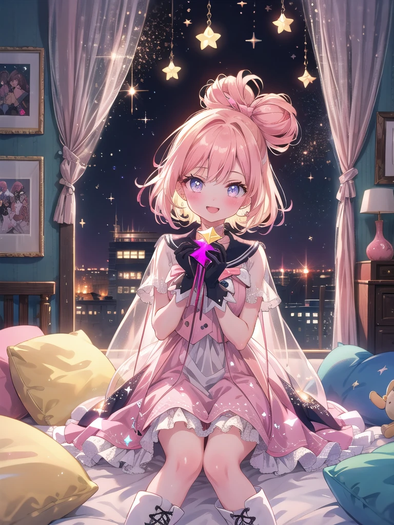 ((8k, Highest quality, masterpiece: 1.3)),Ultra-high resolution,(1 girl, alone), (Color changing eyes, Ultra-detailed, Expressive brilliance, Glitter, Glowing Eyes), Highly detailed eyes, Highly detailed face, Random Hair, ((pastel colour)),A joyful young woman with pastel peach-colored hair styled into twin buns, sitting on her bed surrounded by soft pillows and stuffed animals. The room is warmly lit by the morning sun streaming through sheer curtains, creating a cozy and inviting atmosphere. She is dressed in a magical girl cosplay, wearing a frilly pastel pink dress with a large bow on the back, matching gloves, and knee-high boots. The camera captures her from the front as she playfully poses with a star-tipped wand, her eyes sparkling with excitement. Around her, there are various anime figures and posters on the walls, emphasizing her love for the genre.