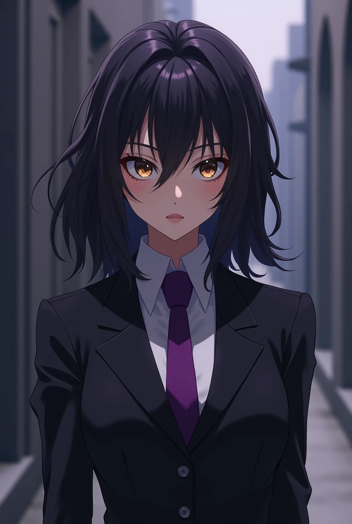An anime character that looks nice and dangerous with medium-long black hair and light brown eyes with a mashle style suit, the color of the character's suit is black with purple Lance Crown hair style and a Dazai style eye design.