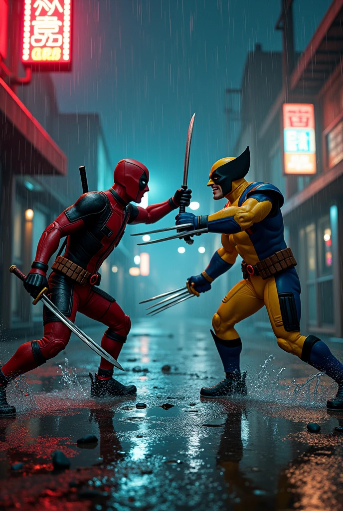 Create a dynamic scene featuring Deadpool and Wolverine in a dramatic confrontation. Set the scene in a dark, rain-soaked alley at night. Deadpool, in his signature red and black suit, is in mid-action, wielding his katanas and striking a pose with a confident smirk. Wolverine, in his classic yellow and blue costume, is readying his claws for battle, his expression fierce and determined.The alley is illuminated by flickering neon signs and the occasional flash of lightning, casting dramatic shadows and reflections on the wet pavement. Capture the intense energy of their duel, with rain splashing around them and debris scattered on the ground. Use a high-resolution camera to capture sharp details of their costumes and the rain, with a slightly low-angle perspective to emphasize the action and tension. Apply a cool color tone with contrasting warm highlights to enhance the dramatic effect."