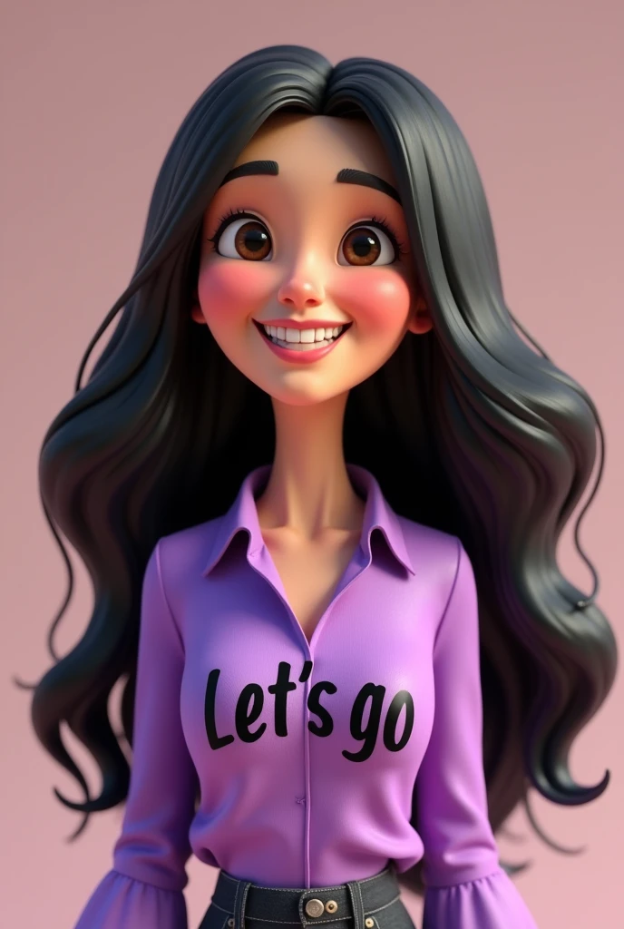 3D animation woman with black hair, Pixar style, purple blouse with black writing, let&#39;s go, smiling