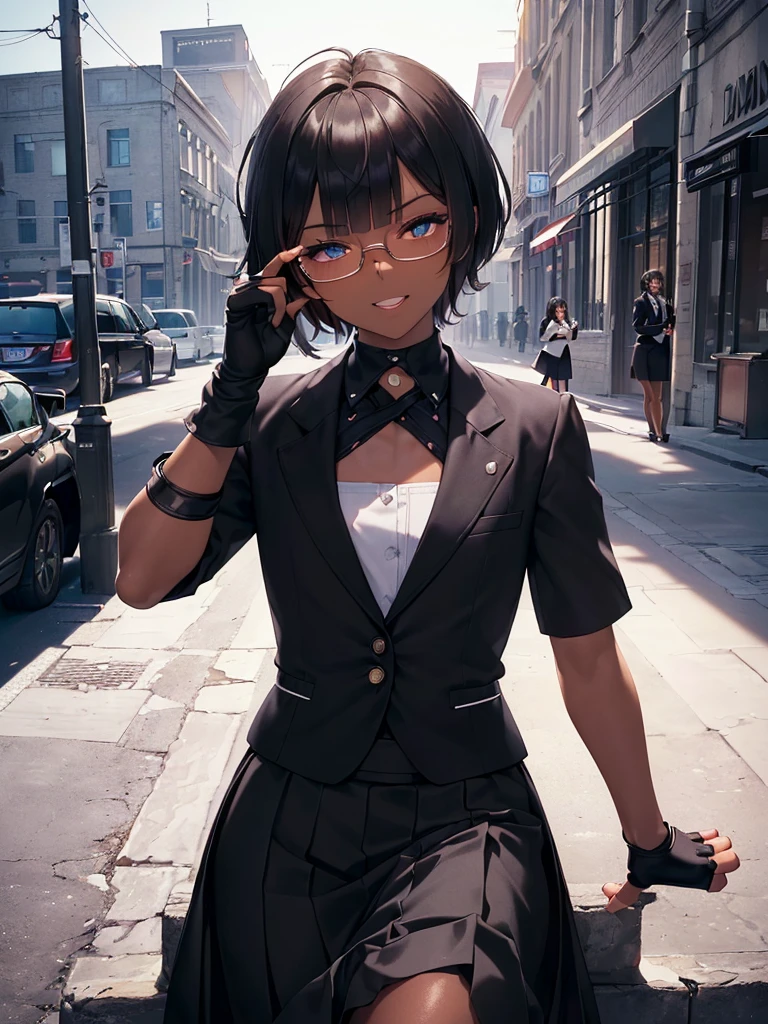  (masterpiece:1.2), highest quality, High resolution, unity 8k wallpaper, (fine and beautiful eyes:1.6), highly detailed face, perfect lighting, Detailed CG, (perfect hands, perfect :1.3), (1 femmale:1.4), (20 years old femmale:1.4),( black hair:1.3), extremely beautiful detailfeminine face and eyes, (evil smile:1.3), detailed eyes, best quality,( dark skin:1.8), extremely detailed, very precise detailed,(glasses:1.3), (blunt bangs:1.3), open mouth, (very short hair:1.4),(fingerless gloves:1.5), (half closed eyes:1.5),(business suit:1.6),boots,(flat :1.4),(cigarette in mouth:1.2),sitting,(long tight skirt:1.3),(long skirt:1.6)
