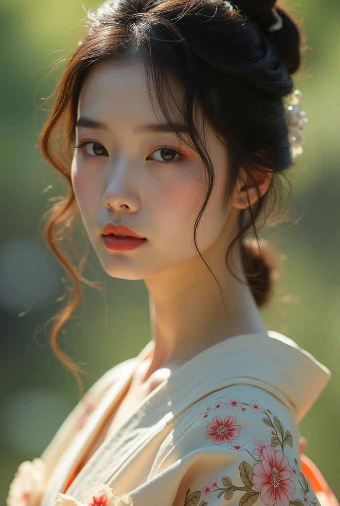 An elegantly dressed Japanese woman in natural light、A close-up of her chest and calm expression.、It shows her inner peace and outer charm.。