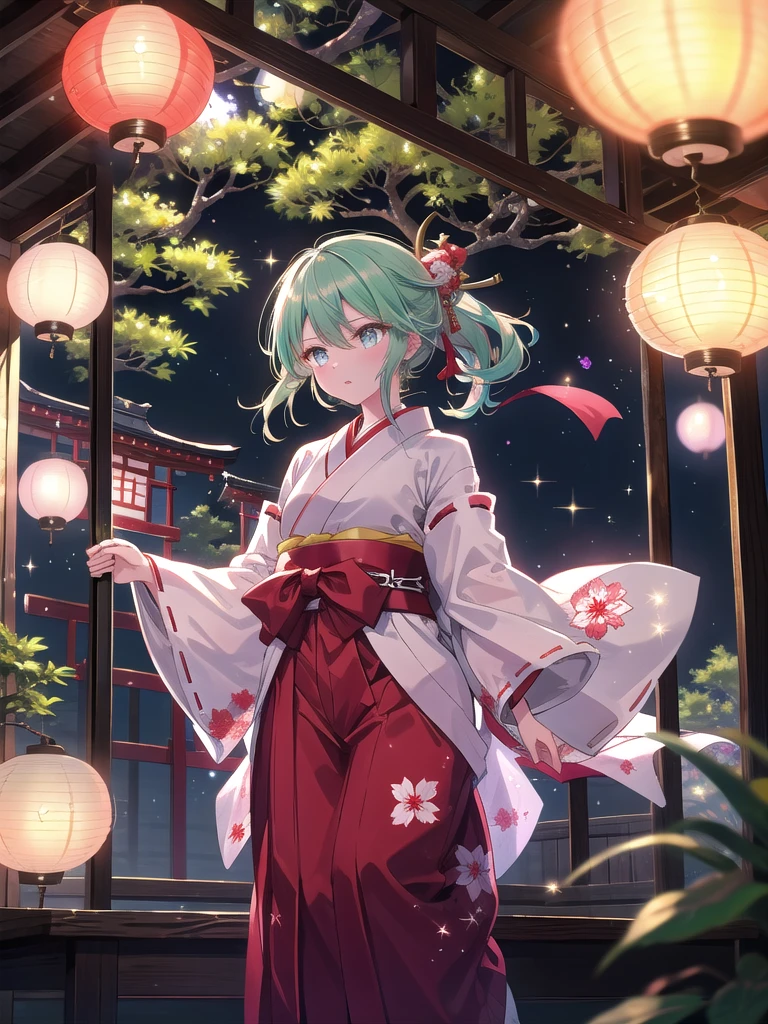 ((8k, Highest quality, masterpiece: 1.3)),Ultra-high resolution,(1 girl, alone), (Color changing eyes, Ultra-detailed, Expressive brilliance, Glitter, Glowing Eyes), Highly detailed eyes, Highly detailed face, Random Hair, ((pastel colour)),A serene young woman with pastel mint-green hair tied into a low ponytail, standing near the window in her bedroom during a peaceful afternoon. She is dressed in a traditional Japanese shrine maiden (miko) cosplay, wearing a white kimono top with flowing red hakama pants and a red ribbon tied at her waist. The camera captures her from a side angle as she carefully arranges a small shrine setup on her windowsill, her expression calm and focused. The room is decorated with paper lanterns, a bonsai tree on the desk, and a collection of traditional Japanese items, creating a tranquil atmosphere.
