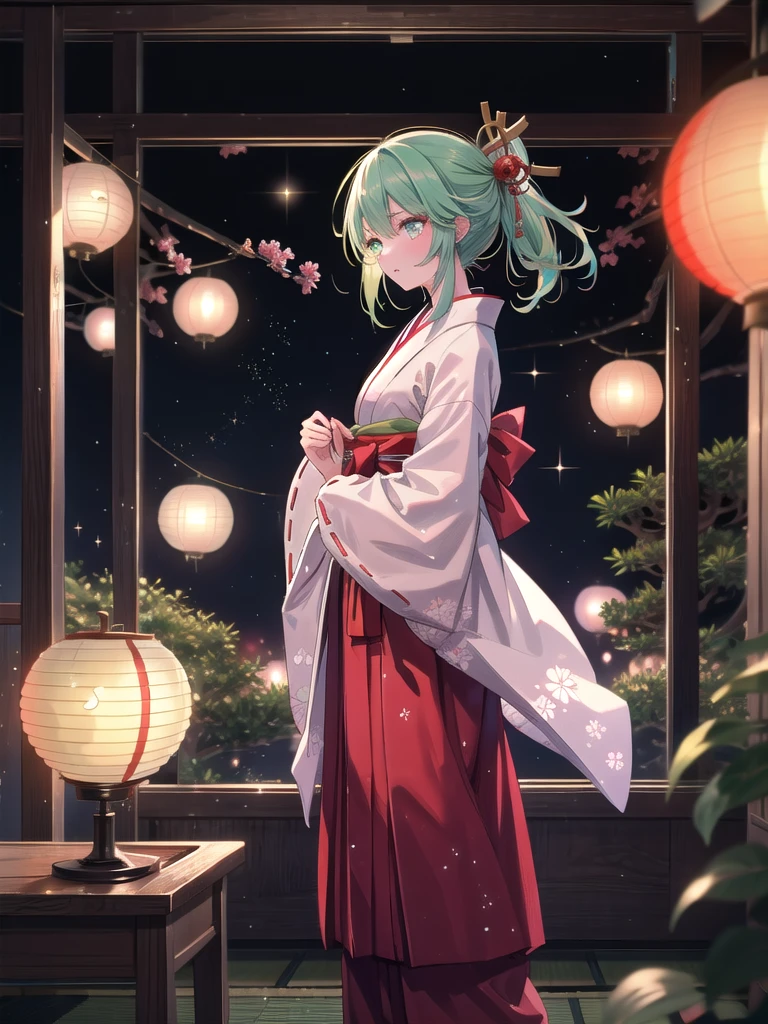 ((8k, Highest quality, masterpiece: 1.3)),Ultra-high resolution,(1 girl, alone), (Color changing eyes, Ultra-detailed, Expressive brilliance, Glitter, Glowing Eyes), Highly detailed eyes, Highly detailed face, Random Hair, ((pastel colour)),A serene young woman with pastel mint-green hair tied into a low ponytail, standing near the window in her bedroom during a peaceful afternoon. She is dressed in a traditional Japanese shrine maiden (miko) cosplay, wearing a white kimono top with flowing red hakama pants and a red ribbon tied at her waist. The camera captures her from a side angle as she carefully arranges a small shrine setup on her windowsill, her expression calm and focused. The room is decorated with paper lanterns, a bonsai tree on the desk, and a collection of traditional Japanese items, creating a tranquil atmosphere.