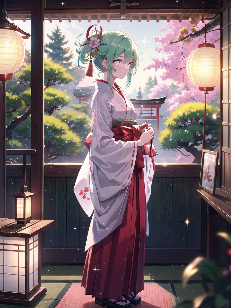 ((8k, Highest quality, masterpiece: 1.3)),Ultra-high resolution,(1 girl, alone), (Color changing eyes, Ultra-detailed, Expressive brilliance, Glitter, Glowing Eyes), Highly detailed eyes, Highly detailed face, Random Hair, ((pastel colour)),A serene young woman with pastel mint-green hair tied into a low ponytail, standing near the window in her bedroom during a peaceful afternoon. She is dressed in a traditional Japanese shrine maiden (miko) cosplay, wearing a white kimono top with flowing red hakama pants and a red ribbon tied at her waist. The camera captures her from a side angle as she carefully arranges a small shrine setup on her windowsill, her expression calm and focused. The room is decorated with paper lanterns, a bonsai tree on the desk, and a collection of traditional Japanese items, creating a tranquil atmosphere.