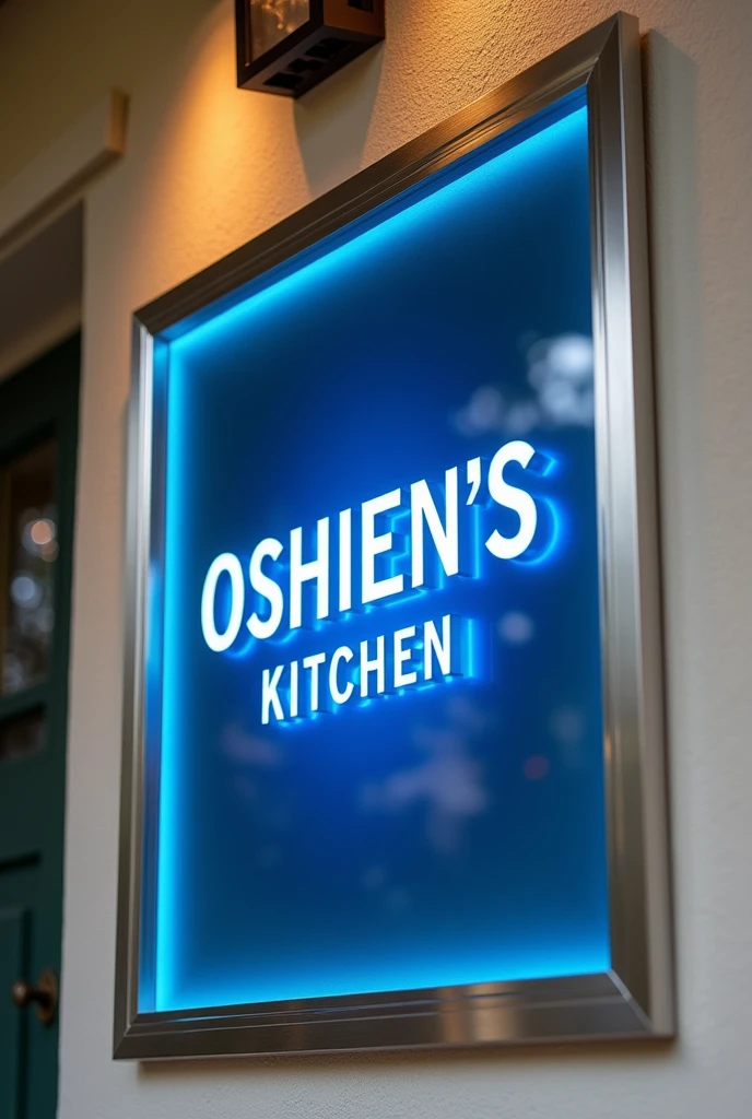 Create an image of an ACP board with the text "OSHIEN'S KITCHEN" prominently displayed. The board should have a royal blue background with a sleek, modern design and a subtle glow effect around the text. The board is framed with a polished metallic or wooden border, adding a touch of elegance. The ACP board is shown hanging on the exterior wall of a house. The wall should have a neutral or complementary color that enhances the visibility of the board. The scene should look natural and inviting, as if the board is a permanent fixture on the house.