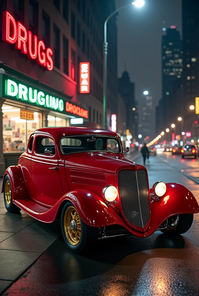 Bright deep red coloured 1934 ford coup hot rod Parked outside drug store, New York city street in the background, realistic, studio quality, cinematic, digital (photorealistic:1.4) photorealistic, Extremely Realistic, it is night time with head lights on, gold mag wheels volumetric fog exciting epic action camera, (masterpiece:1.2) (photorealistic:1.2) (bokeh) (best quality) (detailed skin) (intricate) (8k) (HDR) (cinematic lighting) (sharp focus)