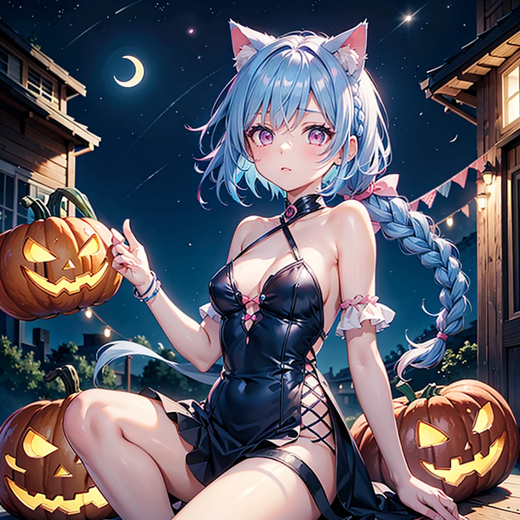 (Sky blue hair),(Braided short hair), (Pink Eyes),Fair skin) ,(whole body),(One Girl),(Crescent Moon),(There are lots of pumpkin ghosts in the background),Cat ear,Cat's Tail,(Sailor suit),(Ahegao),(Fall into Darkness),If you don't give me sweets, I'll play a prank on you.),Halloween Night Party),(masterpiece, Highest quality, Very detailed, Best Shadow), (Detailed Background), (Beautifully detailed face), High Contrast, (Best lighting, Very delicate and beautiful), ((Cinematic Light)), Hyper Detail,8k, Dramatic Light, Intricate details,night,(Bats flying in the background),Pumpkin handbag,There are sweets in the bag,