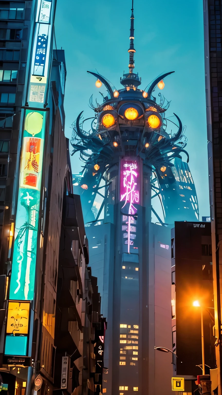 A huge and fantastical monster、Sci-fi movie-like design、Elegant and fearsome、Eyes glow blue、Has tentacles and wings、Japanese city skyscrapers background、night、Illuminated by neon lights
