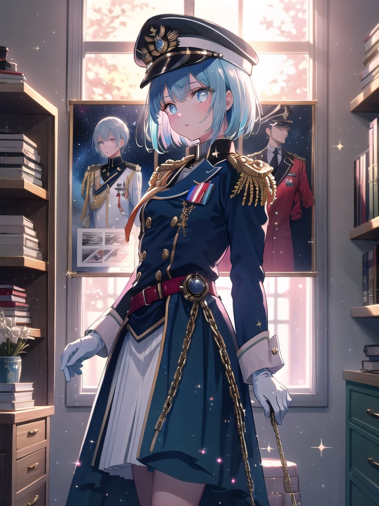 ((8k, Highest quality, masterpiece: 1.3)),Ultra-high resolution,(1 girl, alone), (Color changing eyes, Ultra-detailed, Expressive brilliance, Glitter, Glowing Eyes), Highly detailed eyes, Highly detailed face, Random Hair, ((pastel colour)),A confident young woman with pastel blue hair styled in a sleek bob, standing in front of her wardrobe in her neatly organized room. It’s late afternoon, and the golden light filters in, casting soft shadows across the space. She is dressed in a military officer cosplay, wearing a tailored navy-blue uniform with gold epaulettes, white gloves, and a peaked cap. The camera captures her from a low angle as she adjusts her gloves, her expression determined and poised. Her room is decorated with military-themed posters, a model airplane on her desk, and a collection of medals displayed on a shelf, reflecting her interest in historical cosplay.