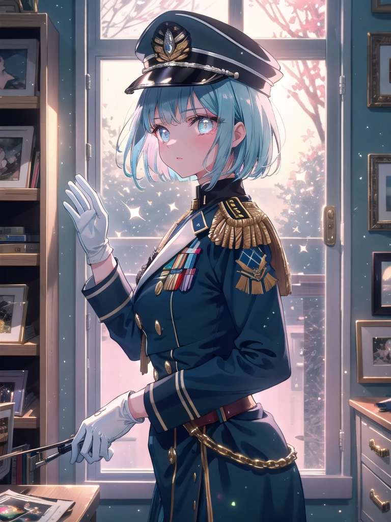 ((8k, Highest quality, masterpiece: 1.3)),Ultra-high resolution,(1 girl, alone), (Color changing eyes, Ultra-detailed, Expressive brilliance, Glitter, Glowing Eyes), Highly detailed eyes, Highly detailed face, Random Hair, ((pastel colour)),A confident young woman with pastel blue hair styled in a sleek bob, standing in front of her wardrobe in her neatly organized room. It’s late afternoon, and the golden light filters in, casting soft shadows across the space. She is dressed in a military officer cosplay, wearing a tailored navy-blue uniform with gold epaulettes, white gloves, and a peaked cap. The camera captures her from a low angle as she adjusts her gloves, her expression determined and poised. Her room is decorated with military-themed posters, a model airplane on her desk, and a collection of medals displayed on a shelf, reflecting her interest in historical cosplay.
