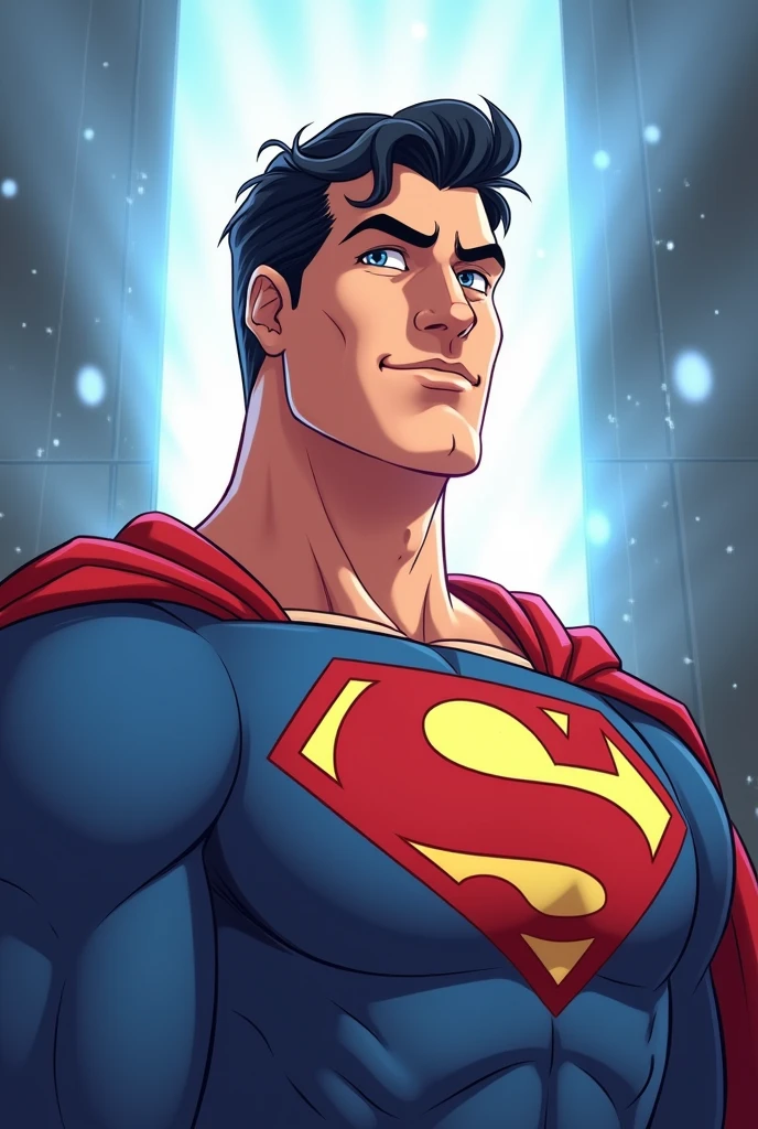 Superman saw a person which is helping everyone after then what's the superman
face and body reaction? , and coming white light from background
Don't make Superman angry
Little bit smiling face of Superman but not shown teeth
Make cartoon type