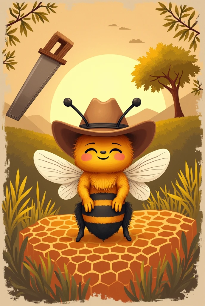 
"Draw an Africanized bee, with a cowboy hat, inn in a honeycomb. The bee should have a friendly smile and folded wings, transmitting tranquility. Ao fundo, a stylized saw, with the sun rising and a MANDACARÚ tree. Colors should be soft and harmonious, creating a cozy atmosphere. The words &#39;The honey of the backlands in every drop&#39; should be in a handwritten font, giving a personal touch to the logo."