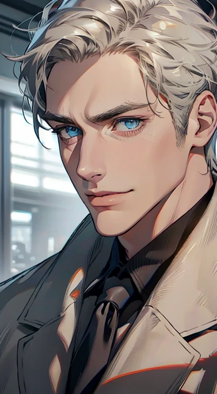 (best quality,4k,8k,highres,masterpiece:1.2),ultra-detailed,(realistic,photorealistic,photo-realistic:1.37),1 man,31 years old,mature man,very handsome,without expression,smile,short grey golden hair,blue eyes,penetrating gaze,perfect face without errors,imposing posture,businessman,office background,cinematic lighting,hdr image