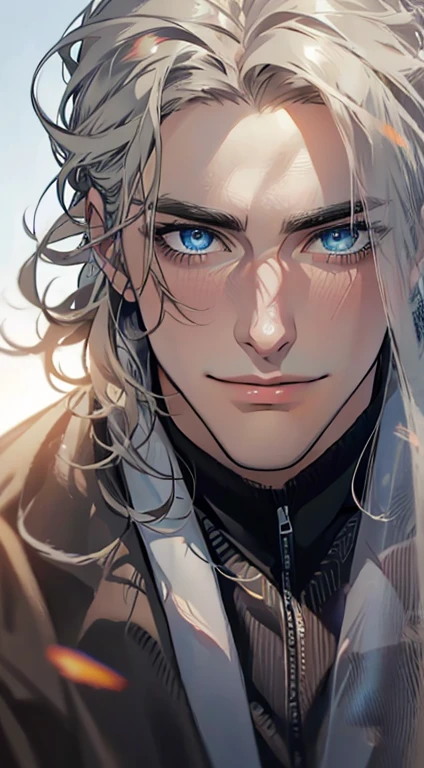 (best quality,4k,8k,highres,masterpiece:1.2),ultra-detailed,(realistic,photorealistic,photo-realistic:1.37),1 man,31 years old,mature man,very handsome,without expression,smile,short grey golden hair,blue eyes,penetrating gaze,perfect face without errors,imposing posture,businessman,office background,cinematic lighting,hdr image