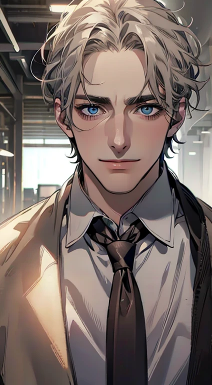 (best quality,4k,8k,highres,masterpiece:1.2),ultra-detailed,(realistic,photorealistic,photo-realistic:1.37),1 man,31 years old,mature man,very handsome,without expression,smile,short grey golden hair,blue eyes,penetrating gaze,perfect face without errors,imposing posture,businessman,office background,cinematic lighting,hdr image