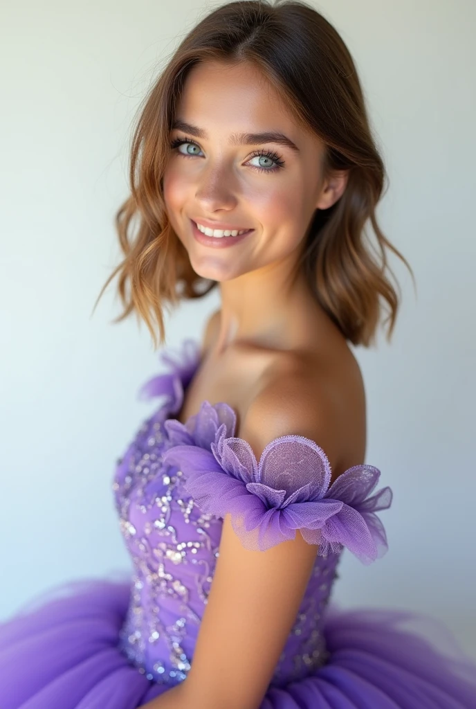 Create a young Brazilian woman in a 15th birthday photo shoot, wearing a purple princess dress, She has fair skin, Shoulder length hair, hair color is light brown and has blue eyes., with the image background white 