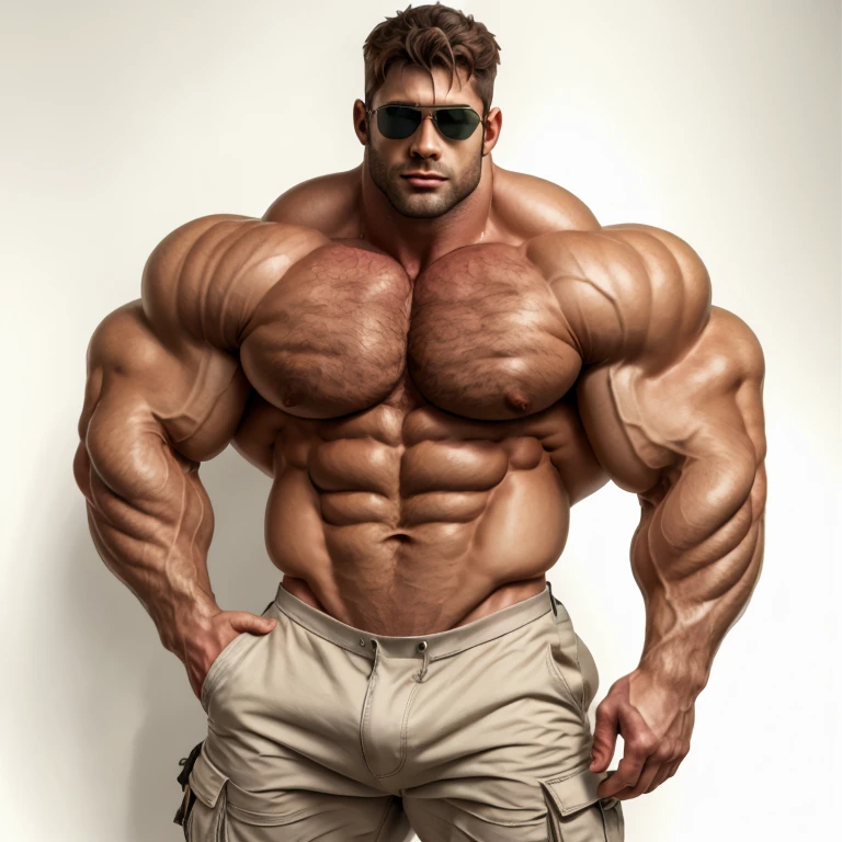 brutalmass, Bulge, chris redfield, a very handsome young man, sunglasses, shirtless, exaggeratedly muscular, with an exaggeratedly huge bulge, on a white background
